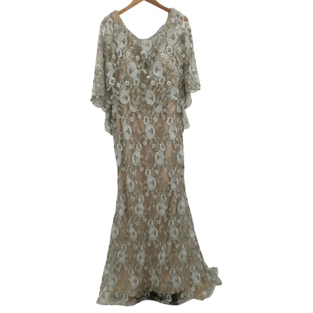 Mon Cheri Cape Sleeve Embroidered Dress Silver 12